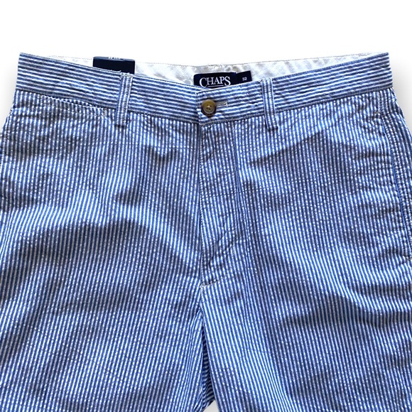 Chaps Seersucker High Waist Blue & White Pinstriped Long Flat Front Shorts - Picture 4 of 10